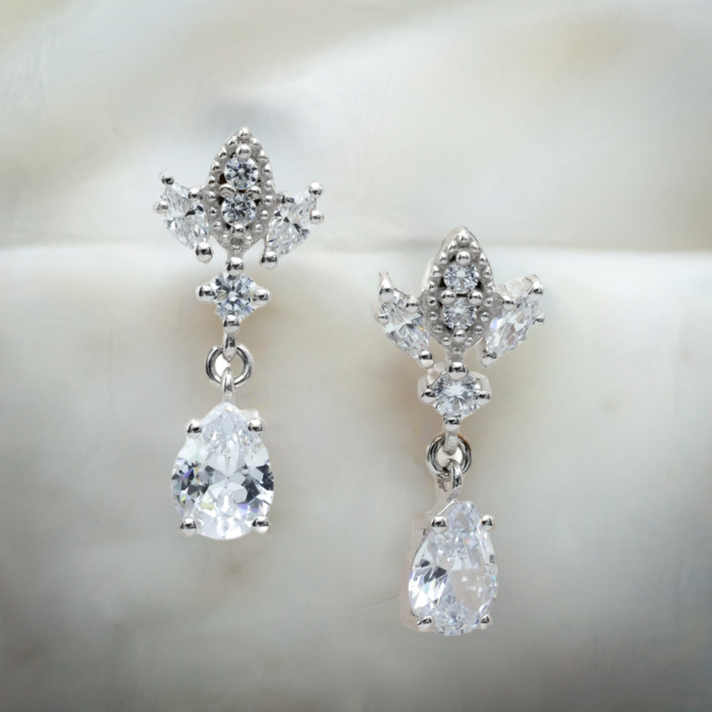 Silver Antique Chandelier CZ Teardrop Earrings