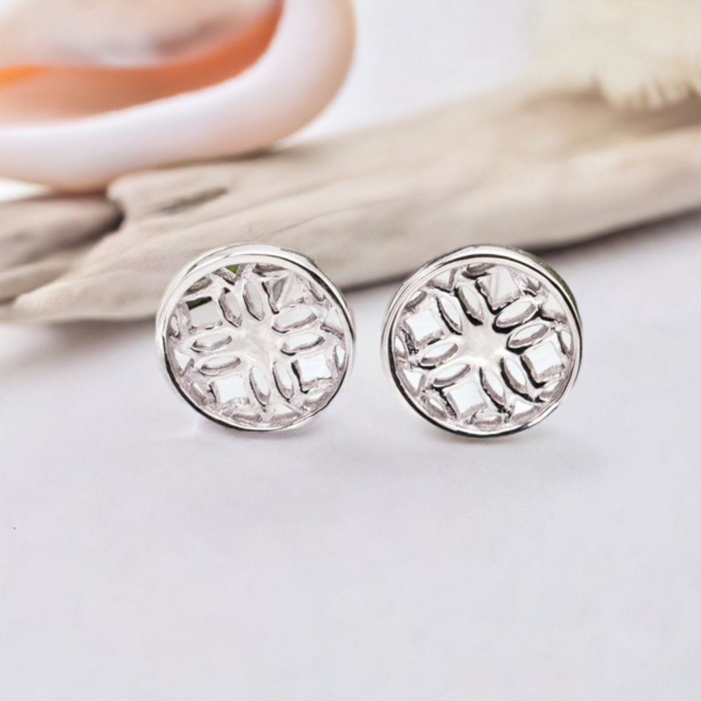 Silver Stud Earrings with Round Filigree