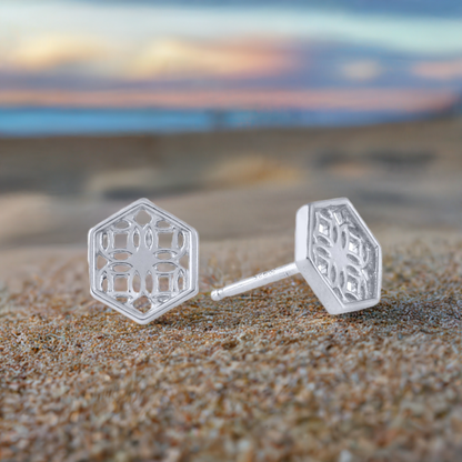 Sterling Silver Stud Earrings with Hexagon Filigree