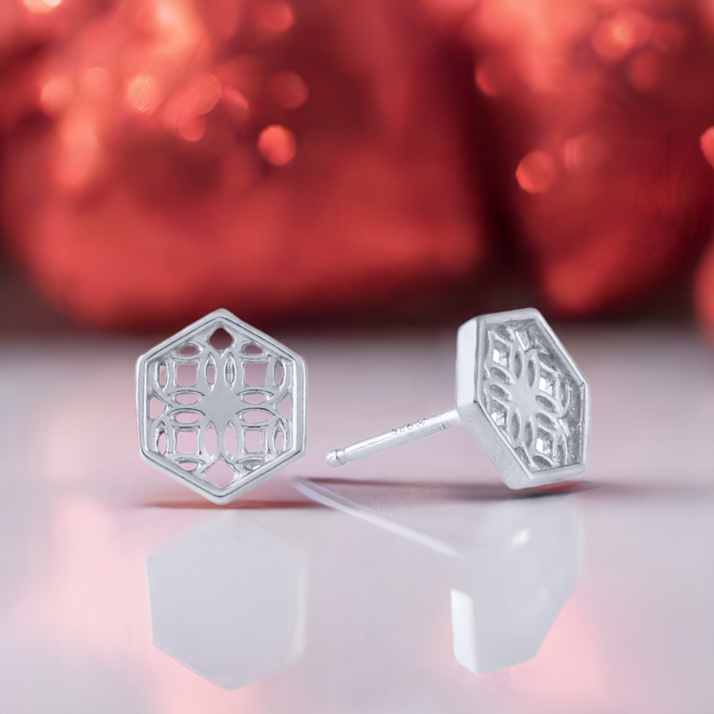 Sterling Silver Stud Earrings with Hexagon Filigree