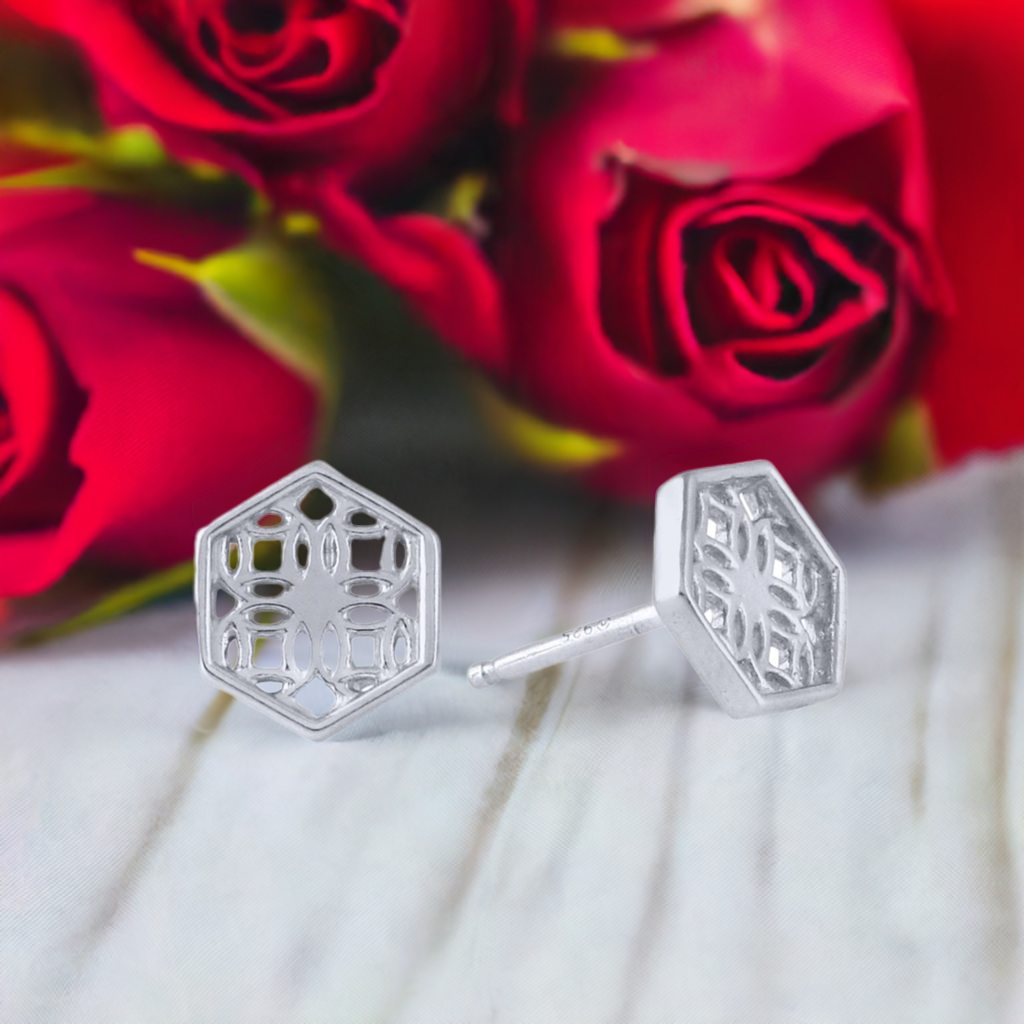 Sterling Silver Stud Earrings with Hexagon Filigree