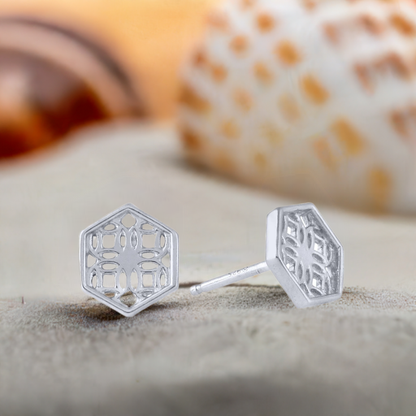 Sterling Silver Stud Earrings with Hexagon Filigree