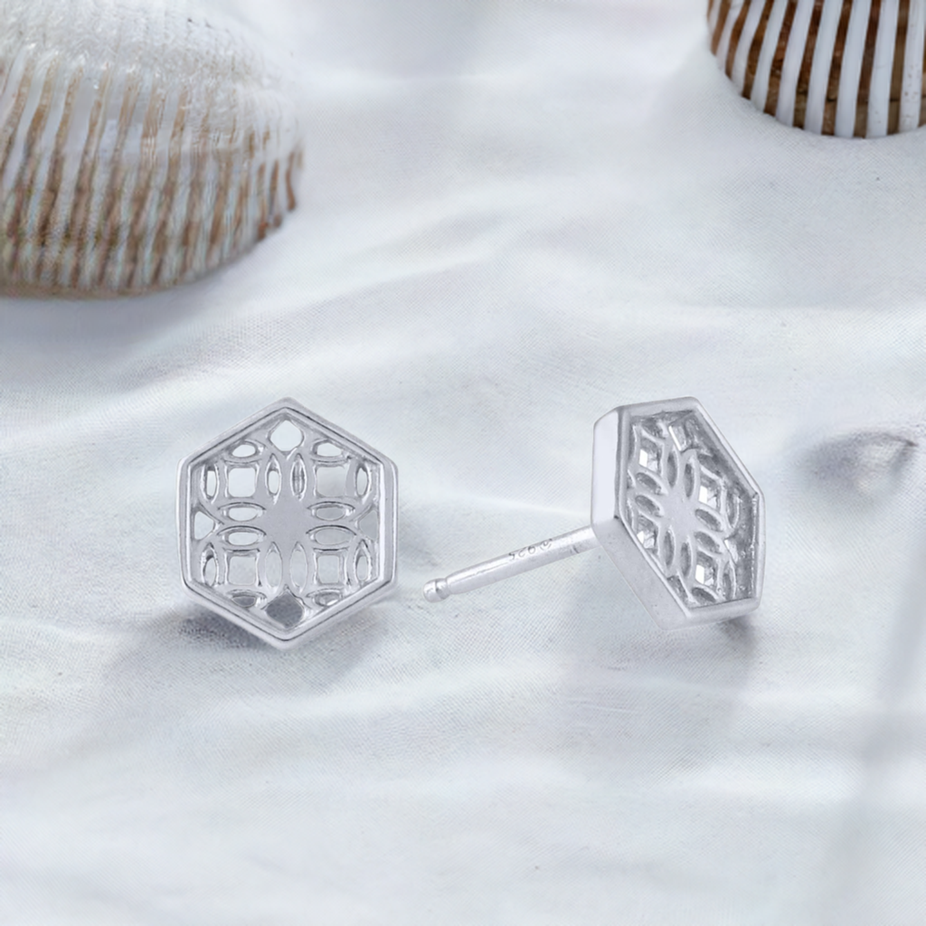 Sterling Silver Stud Earrings with Hexagon Filigree