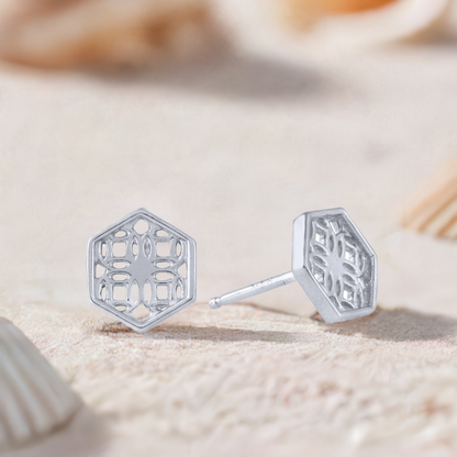 Sterling Silver Stud Earrings with Hexagon Filigree