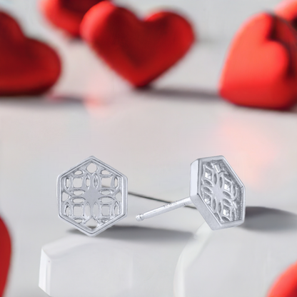 Sterling Silver Stud Earrings with Hexagon Filigree