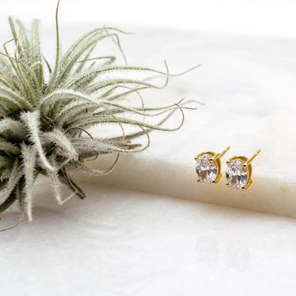 Gold Oval CZ Stud Earrings