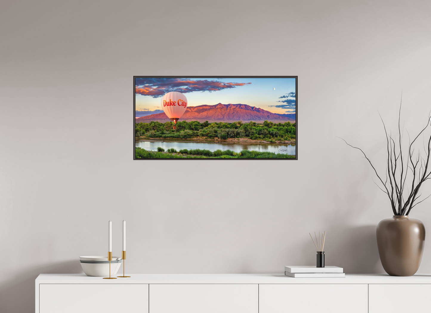 32 x 16″, Modern Aluminum Print with Alder Brown Wood Frame Sandia Sunset Fantasy - Duke City