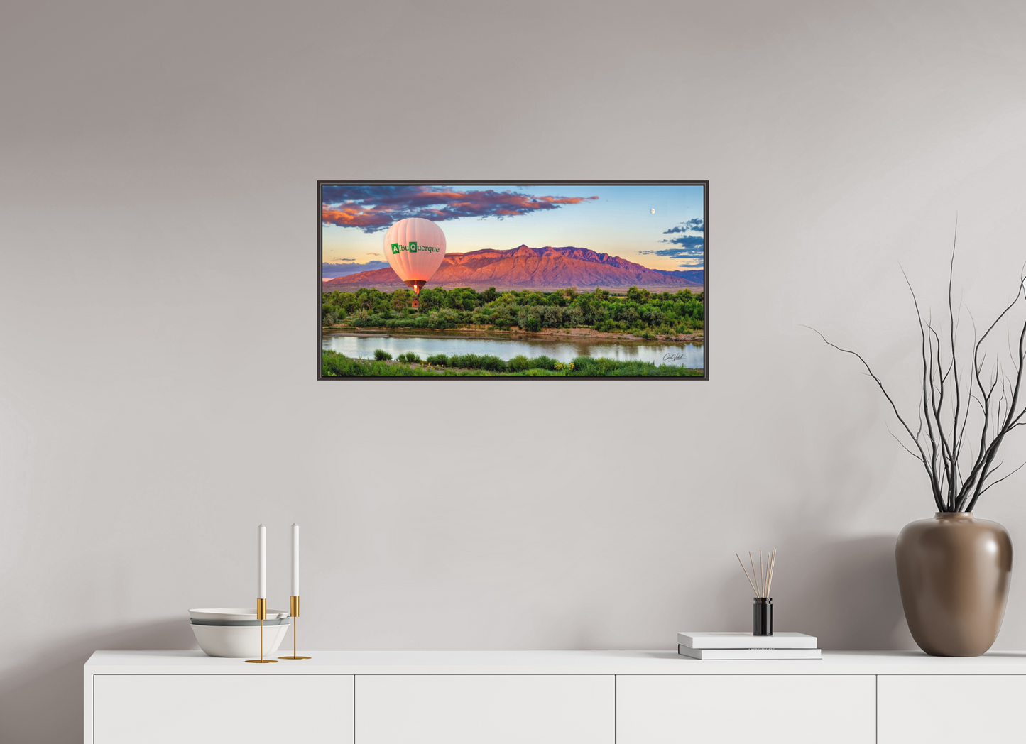 32 x 16″, Modern Aluminum Print with Alder Brown Wood Frame Sandia Sunset Fantasy - Albuquerque Science