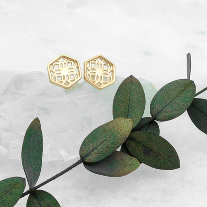 Gold Hexagon Lace Filigree Stud Earrings