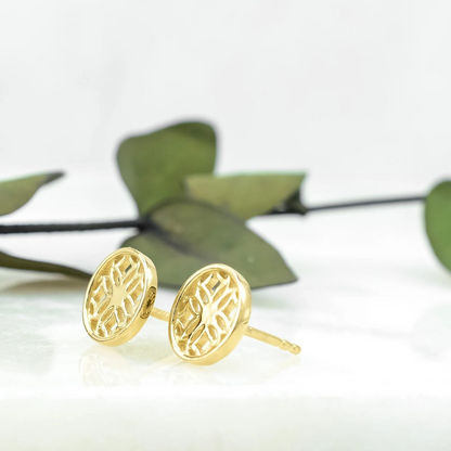 Gold Stud Earrings with Round Filigree