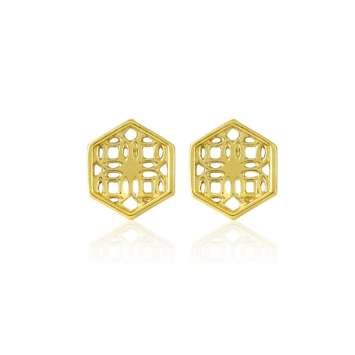 Gold Hexagon Lace Filigree Stud Earrings