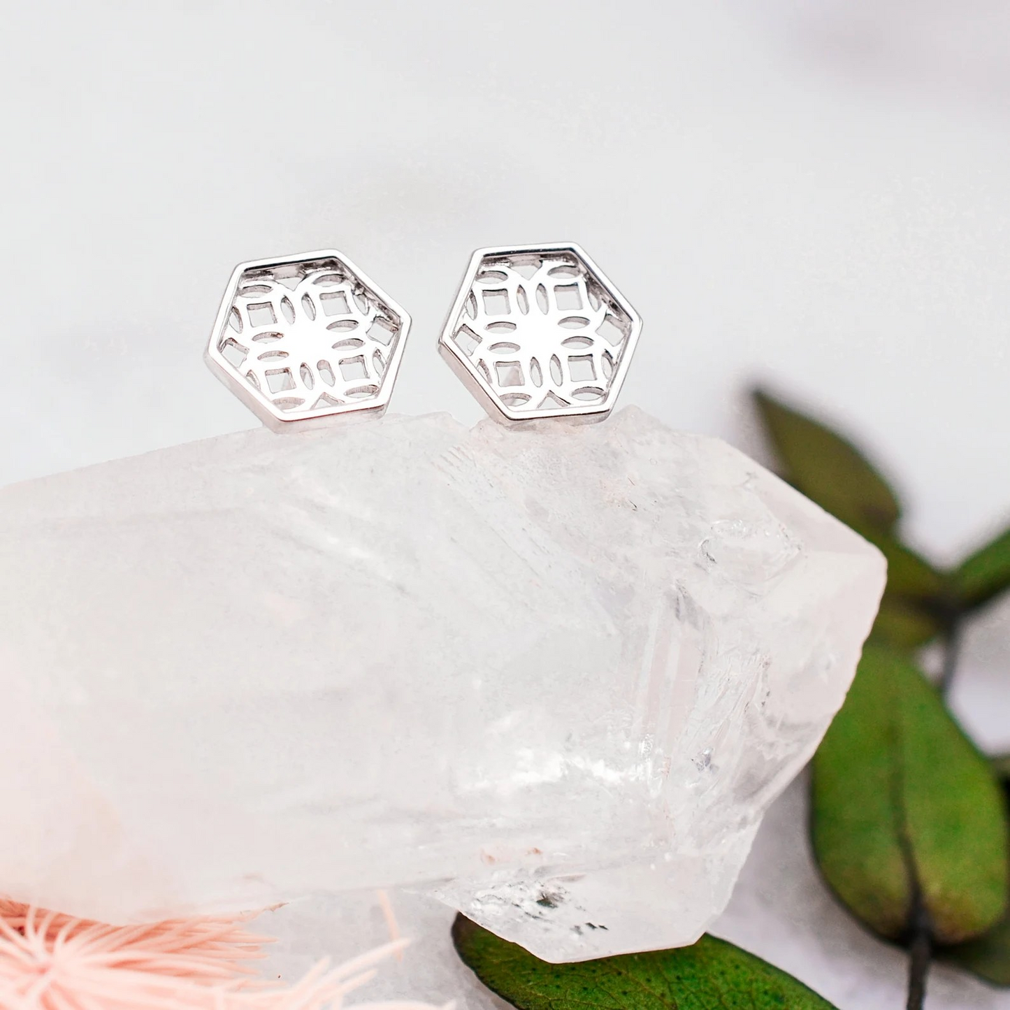 Sterling Silver Stud Earrings with Hexagon Filigree