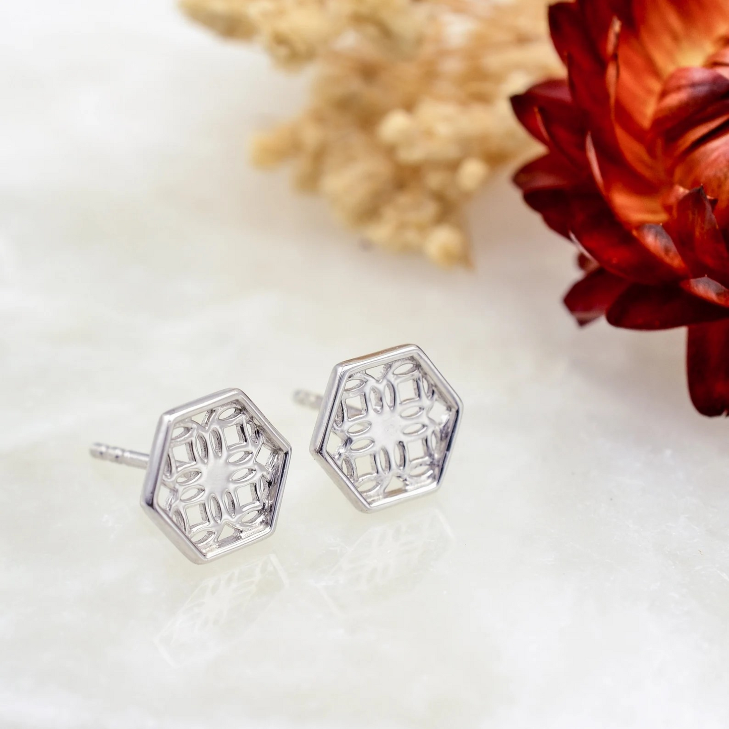 Sterling Silver Stud Earrings with Hexagon Filigree