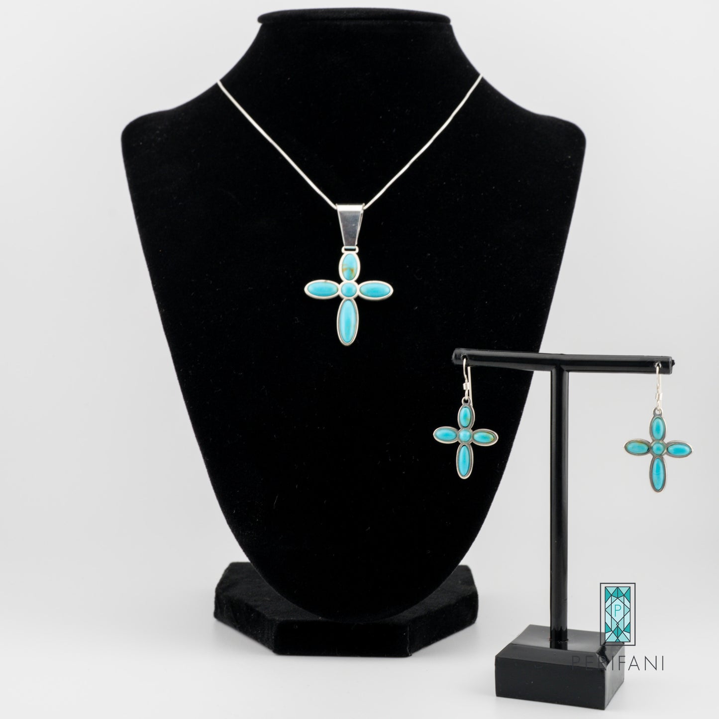 Sterling Silver Turquoise Cross Necklace and Earring Set