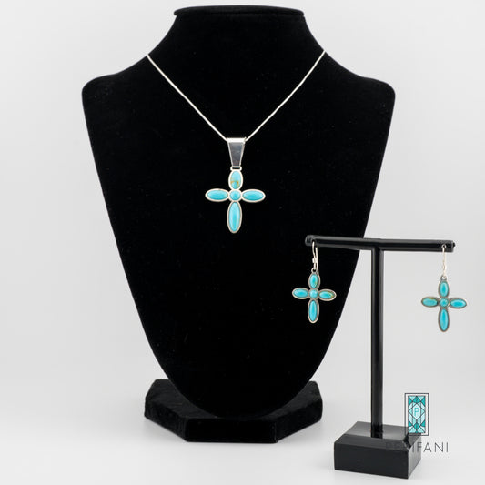 Sterling Silver Turquoise Cross Necklace and Earring Set
