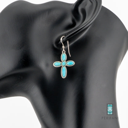 Sterling Silver Turquoise Cross Necklace and Earring Set