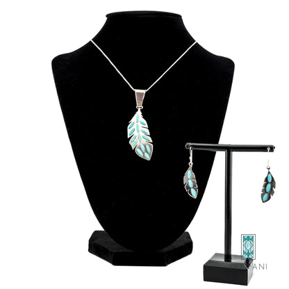 Sterling Silver Turquoise Feather Necklace and Earring Set