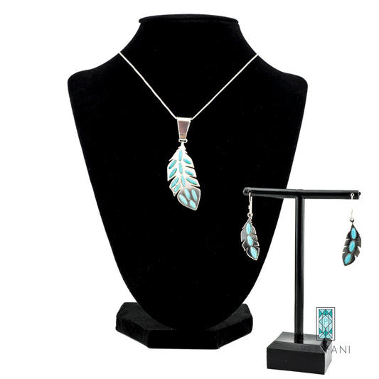 Sterling Silver Turquoise Feather Necklace and Earring Set