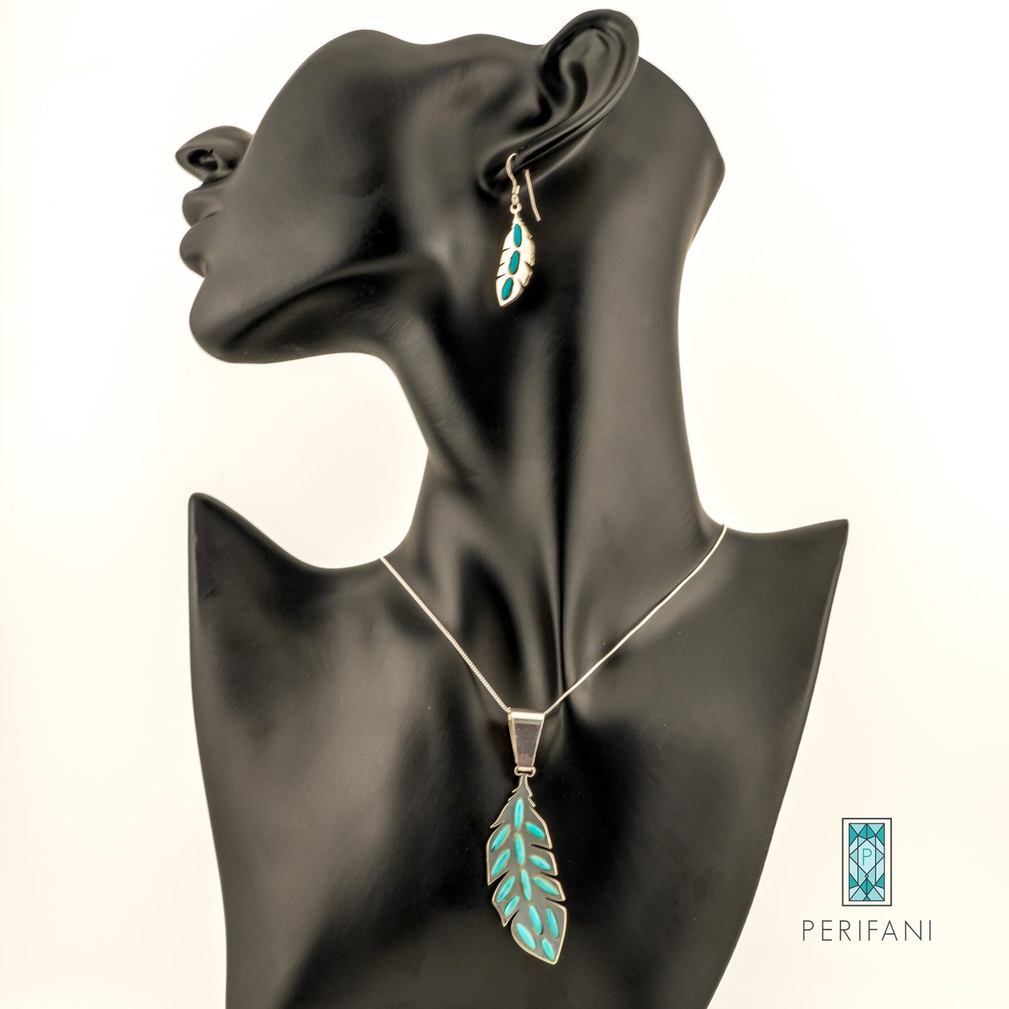Sterling Silver Turquoise Feather Necklace and Earring Set