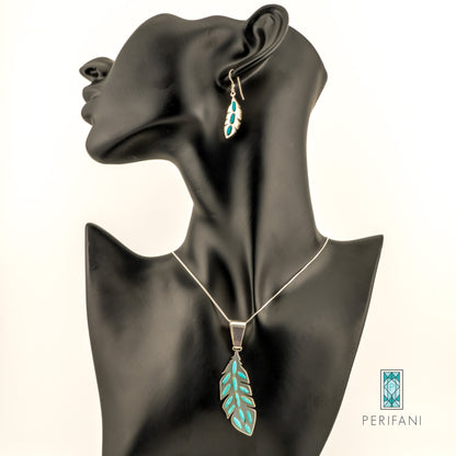 Sterling Silver Turquoise Feather Necklace and Earring Set