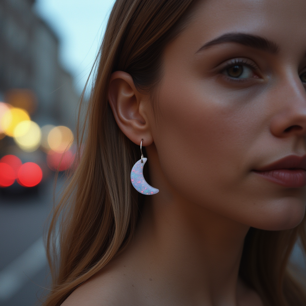 White Opal Moon Earring
