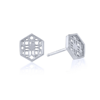 Sterling Silver Stud Earrings with Hexagon Filigree