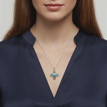 Sterling Silver Turquoise Zia Sun Pendant Necklace