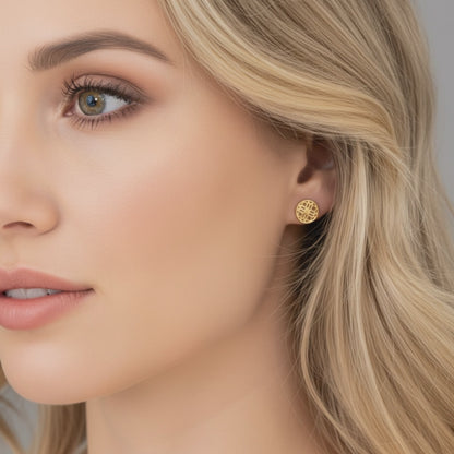 Gold Stud Earrings with Round Filigree