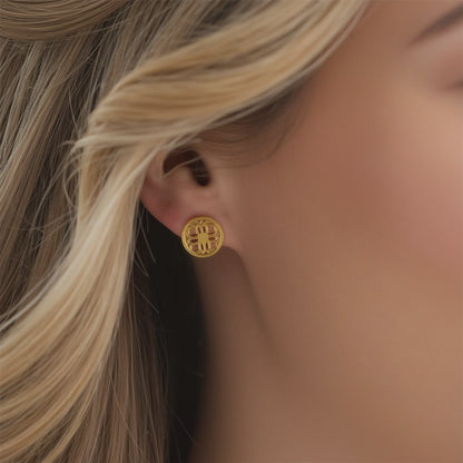 Gold Stud Earrings with Round Filigree