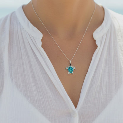 Sterling Silver Turquoise Turtle Pendant Necklace