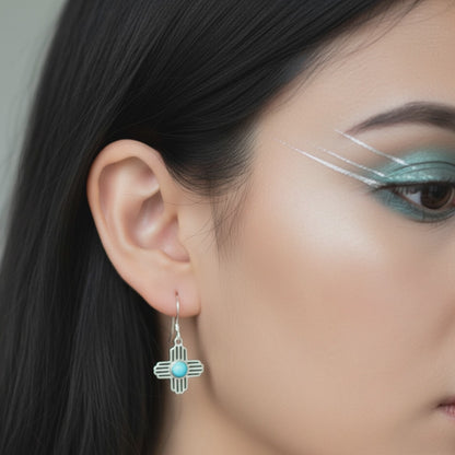 Sterling Silver Turquoise Zia Sun Dangle Earrings