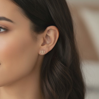 Rose Gold Stud Earrings with Hexagon Filigree