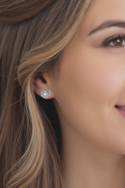 Sterling Silver Stud Earrings with Hexagon Filigree