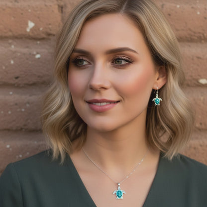 Sterling Silver Turquoise Sea Turtle Pendant & Earrings Jewelry Set