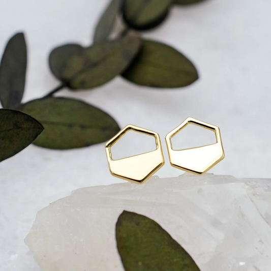 Gold Hexagon Cutout Stud Earrings