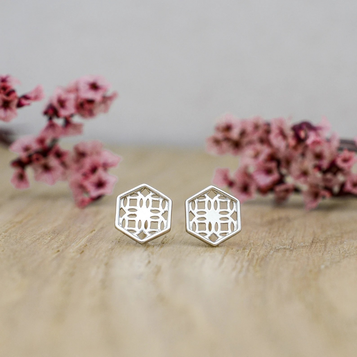 Sterling Silver Stud Earrings with Hexagon Filigree