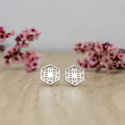 Sterling Silver Stud Earrings with Hexagon Filigree