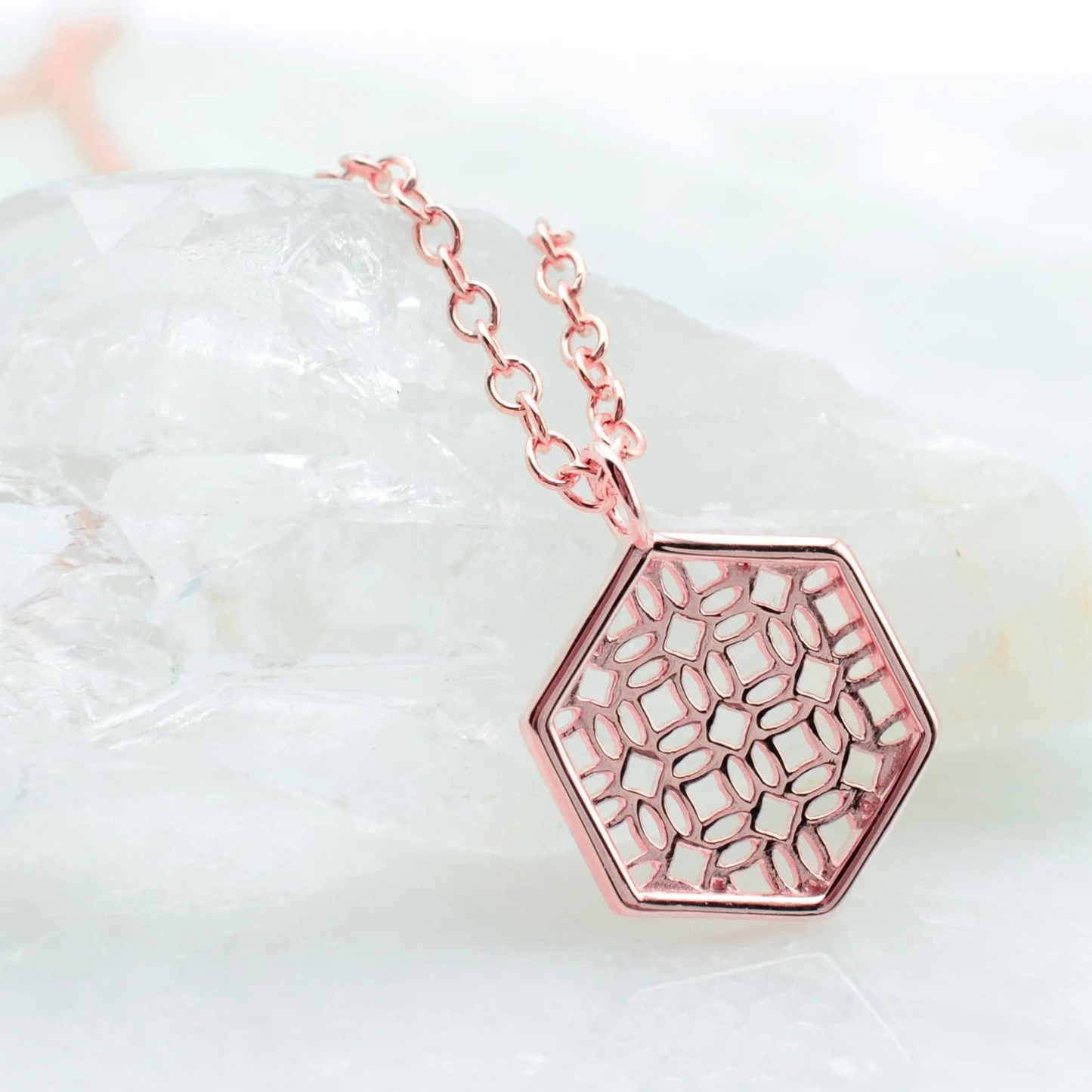 Rose Gold Necklace with Hexagon Lace Filigree