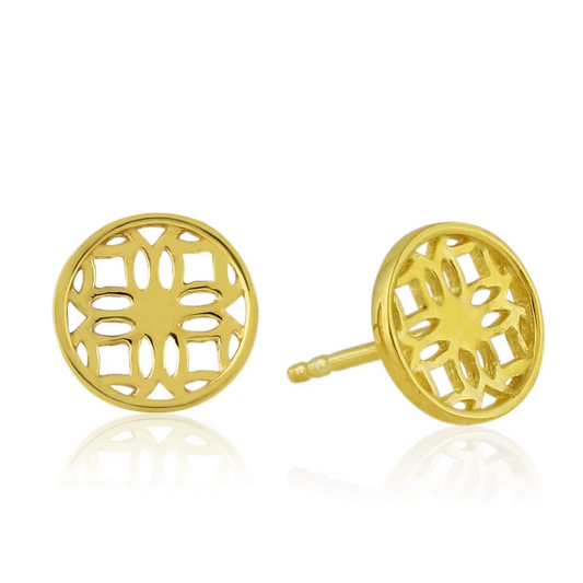 Gold Stud Earrings with Round Filigree