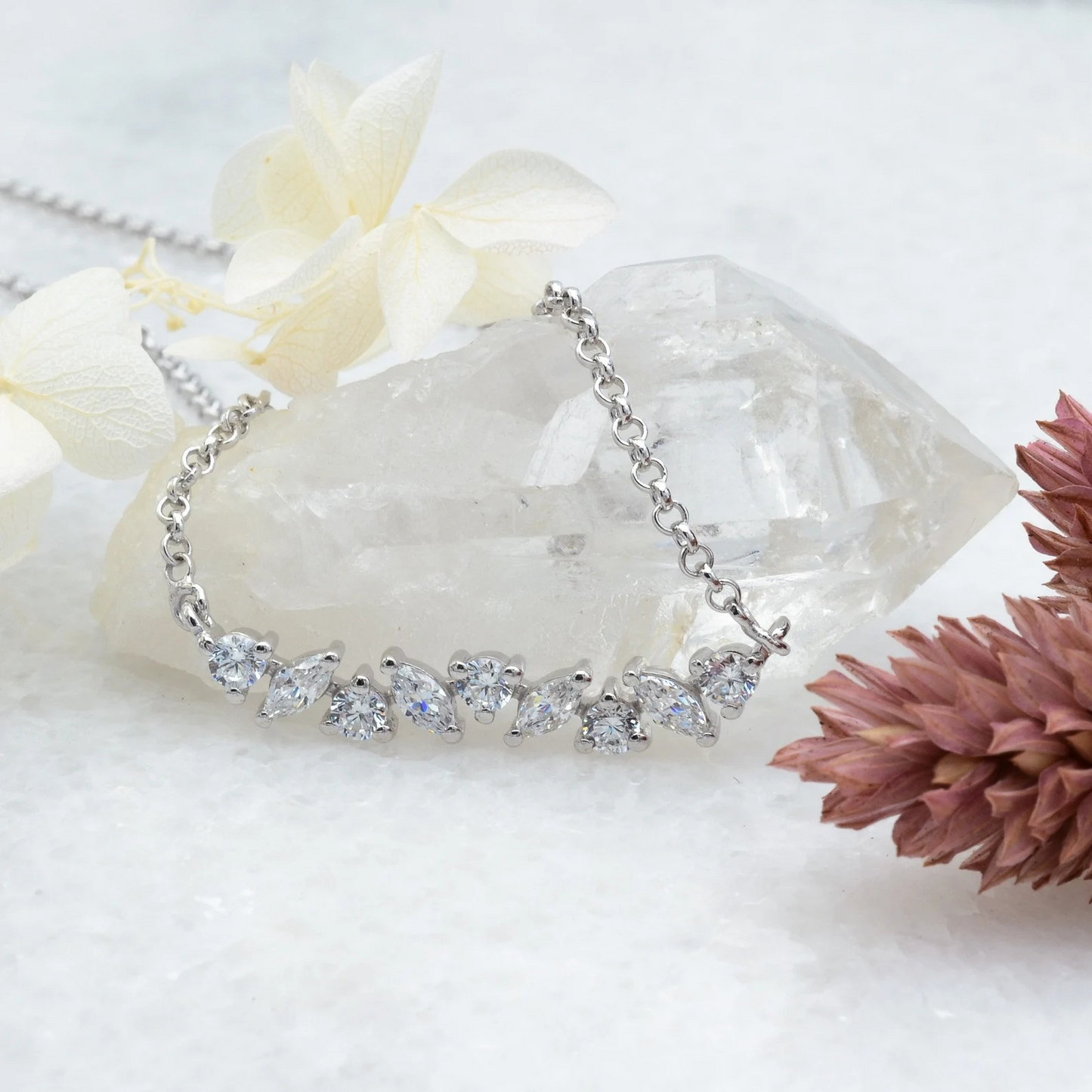 Silver Marquise Crystal Bar Necklace